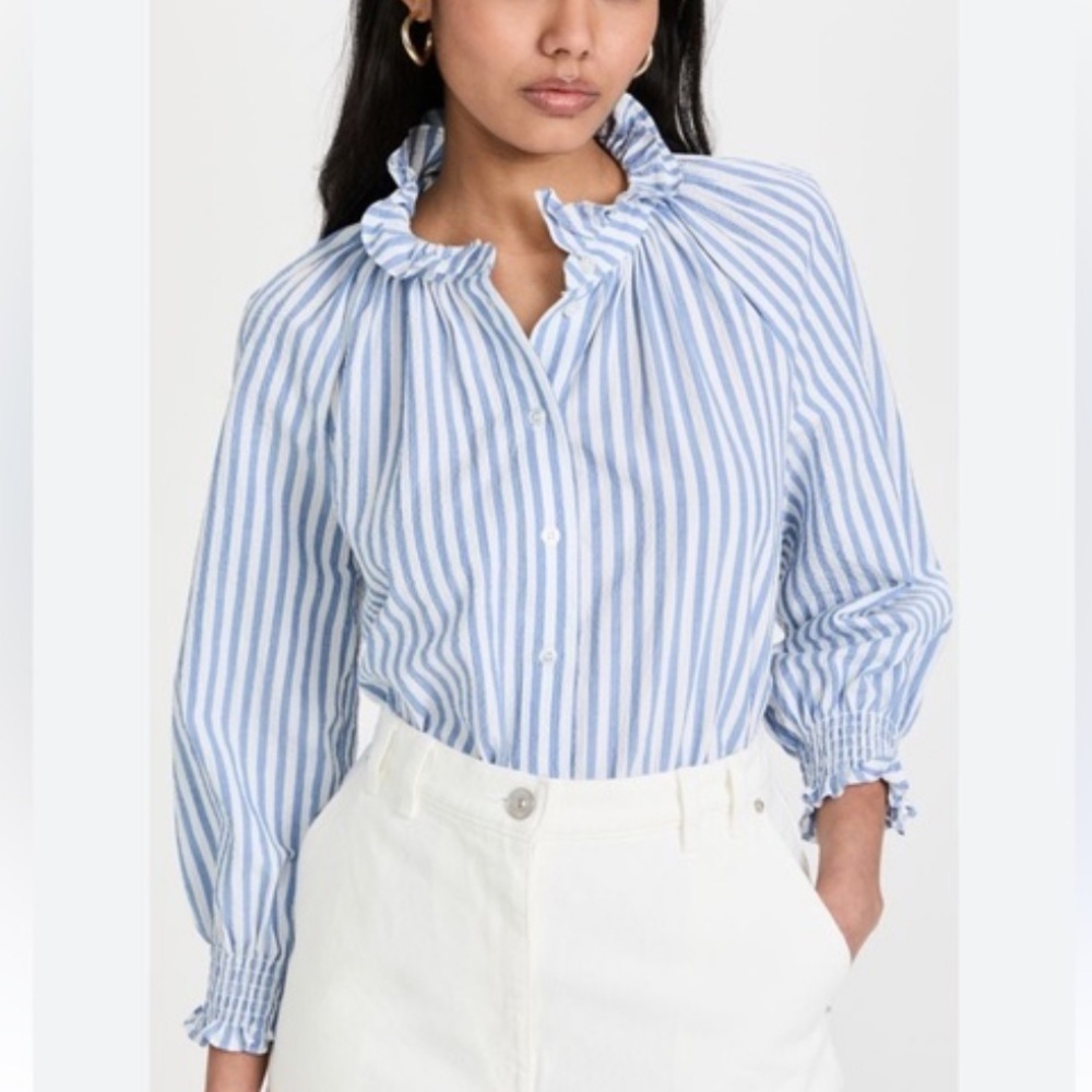 🌟VERONICA BEARD🌟 JEANS CALISTO STRIPED SEERSUCKER BLOUSE BLUE / WHITE M - Picture 2 of 10